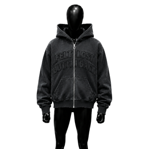 Sweat à capuche zippé vintage noir effet vieilli avec broderie graphique « Feel Lost But Im Back », coupe oversize, style streetwear délavé, veste à capuche urbaine - Product Image 1