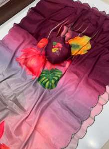 Sari en soie douce avec un magnifique imprimé floral, bordure contrastante en point de croix, blouse contrastante - Sans plis, idéal pour les fêtes - Product Image 6