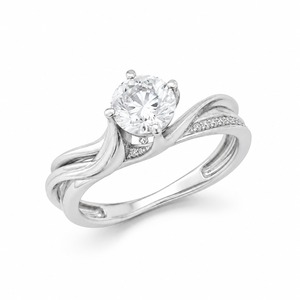 Anillo de compromiso de oro blanco para mujer con diamante redondo de talla brillante, engaste de puntas, estilo clásico y banda pavé - Product Image 4