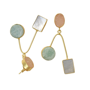 Boucles d'oreilles pendantes plaquées or avec triple pierre semi-précieuse (quartz rose, amazonite, nacre) – Vente en gros - Product Image 2