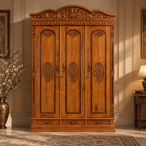 Traditional Hand Carved Solid Wood 3 Door <b>Wardrobe</b> <b>Armoire</b> with Brass Handles and Hinged Doors for Bedroom Furniture - Product Image 5