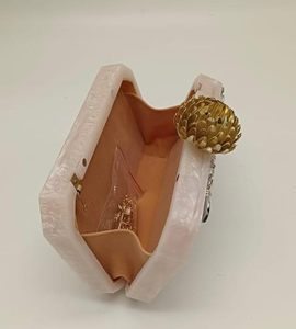 Evening Clutch <b>Purse</b> with Floral Embellishments, Pearl Accents, <b>Green</b> Crystal Details, Pink Acrylic Body - Product Image 3