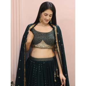 Green <b>Sequin</b> Mehendi Lehenga Choli Dress for Women 100% Cotton Knee-Length Ethnic Plus - Product Image 2