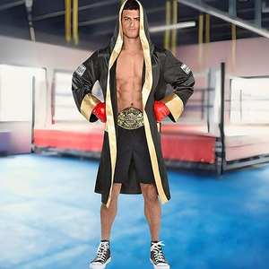 Robe de boxe en satin noir et or pour adultes, 1 pièce, réutilisable et lavable, pour Halloween, cosplay et fêtes costumées - Product Image 2
