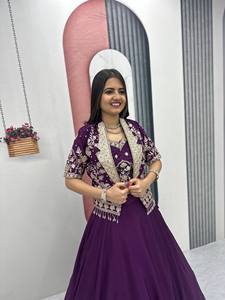 Purple Embroidered Lehenga Set Women Crop <b>Top</b> Blouse Jacket <b>Net</b> Skirt Wedding Party Outfit India Pakistan - Product Image 1