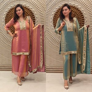 Nouvelle tenue de soirée pour femme TENNECY, Salwar Kameez Dupatta, en soie Vichitra extensible, sans plis, longueur genou, pour mariage - Product Image 2