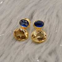 Boucles d'oreilles clous en argent sterling 925 avec citrine et kynite - Pierre précieuse ronde facettée, bijoux minimalistes