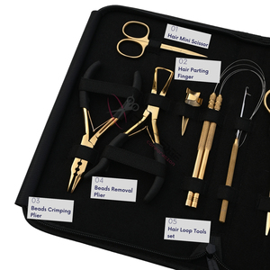 Kit de herramientas para extensiones de cabello doradas – Alicates de crimpado para microperlas, removedor de microperlas, gancho de extracción, peine de bucle, pinzas de dedo, tijeras, cuchilla - Product Image 3