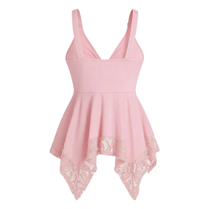 Women <b>Pink</b> Sleeveless <b>Tops</b> <b>Heart</b> Detail Front Gathered Chest Lace Trim Hem Casual Summer Fashion Party Wear Stylish Blouse - Product Image 2