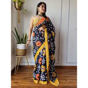 TRAVAIL D'IMPRESSION NUMÉRIQUE EN LIN ATTRACTIF SAREE AVEC BOLUSE NON COUDU NOIR - Product Image 1