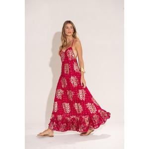 Robe longue bohème élégante pour femmes, rouge, sans manches, col carré, taille haute, 100% coton, écologique, robe de plage d'été - Product Image 1