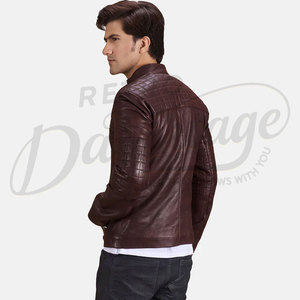 Blouson de motard en cuir marron foncé de qualité supérieure pour homme, en peau de mouton véritable, matelassé, coupe ajustée, style sport et mode - Product Image 2