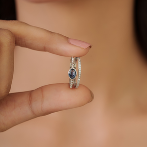 Bague double en or blanc 14 carats massif avec saphir bleu et diamants de qualité supérieure, élégante, faible MOQ, vente en gros, meilleur prix, bijoux - Product Image 4