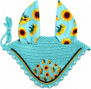 Horse Ear Bonnet for Horses, Sunflower Print <b>Fly</b> Bonnet with Crystal Edge, Handmade Crochet <b>Fly</b> Veil, Breathable Stretch Ears - Product Image 1