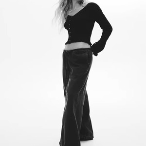 Pantalones rectos retro de mezclilla vintage lavados y desgastados para mujer, de cintura alta, holgados, estilo cargo, de mezclilla, de moda - Product Image 2