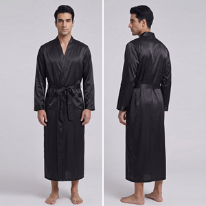 Robe longue en satin noir pour homme avec poches, peignoir de nuit en soie à manches longues - Product Image 6