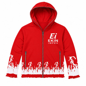Custom Logo Men's Full <b>Zip</b> Up Hoodie Flame Print Fleece <b>Hooded</b> Sweatshirt Streetwear Zipper Jacket OEM - Product Image 1