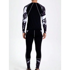 Conjunto de compresión de manga larga para hombre, color negro, cuello redondo, de secado rápido, licra y poliéster, top de manga larga y pantalones, para todas las estaciones, geométrico - Product Image 1