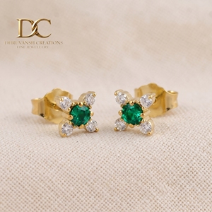 Designer Jewelry 14KT Solid Yellow Gold Lab Grown Diamond and Colombian <b>Emerald</b> <b>Stud</b> <b>Earring</b> Round Cut IGI Certified for Women's - Product Image 4