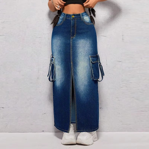 Jupe longue cargo en jean décontractée pour femme, qualité supérieure, taille haute, multi-poches, fente avant, style utilitaire, délavage effet usé - Product Image 6