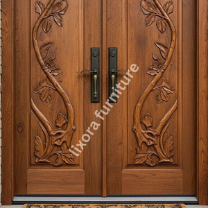 Puerta Doble de Madera Sólida Tallada a Mano con Diseño Floral de Lujo, Entrada Artística Ornamentada - Product Image 3