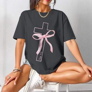 Camiseta de Algodón 100% Transpirable de Manga Larga con Gráfico de Lazo Rosa Oversize para Mujer FOXA Christian Cross, Top de Fe Juan 3:16 - Product Image 4