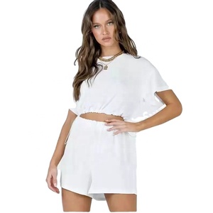 ชุดบ้าน2ชิ้นของผู้หญิง,กางเกงขาสั้นลำลองแขนสั้นคอกลมผูกเชือกสีพื้นแฟชั่นฤดูร้อน - Product Image 1