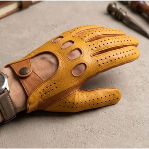 Gants de conduite unisexes en cuir véritable perforé, confortables, coupe-vent, à doigts entiers, à enfiler, pour l'été - Product Image 4