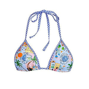 Top de bikini halter estampado para mujer con cordón ajustable, patrón azul, elastano elástico, poliéster, ajuste regular - Product Image 1