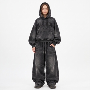 Conjunto de Sudadera con Capucha y Pantalones Anchos de Mezclilla Negra Lavada para Mujer, Estilo Urbano, Proveedor Mayorista OEM ODM Personalizado - Product Image 1