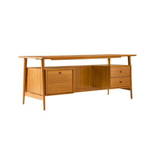 Solid Teak <b>Wood</b> Executive <b>Desk</b> with <b>Drawers</b> and Cabinet Storage, Mid Century Modern Office Table for Home and Workspace - Product Image 2