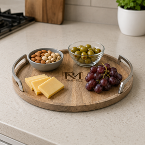 Luxury Round Wooden Serving Tray with Metal Handles | Premium Decorative Coffee <b>Table</b> Tray for Home Hotel Restaurant Serving Use - Product Image 2