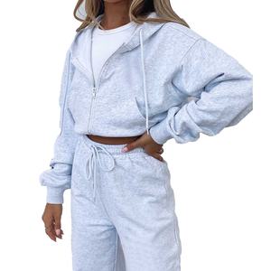 Haute qualité Jogging costume survêtement unisexe 2 pièces ensemble polaire pull personnalisé mode plaine femmes survêtement pantalon recadrée à capuche ensemble - Product Image 6