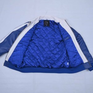 Overtime Hampton Real Leather Winter <b>Jacket</b> <b>Men</b> Blue <b>White</b> Embroidered Letter Logo Zipper Front Turn-down Collar Preppy Style - Product Image 5
