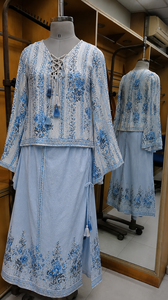 Women's Bohemian Floral Print Woven Chiffon V-Neck Lace-Up Long Sleeve Top Floor-Length A-Line Skirt 2-Piece Set Spring Style - Product Image 3