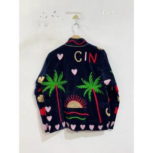 Handmade Summer Vacation Style Women Coat Velvet <b>Mandarin</b> <b>Collar</b> <b>Jacket</b> With Hand Embroidered Tropical Pattern Full Sleeve - Product Image 2