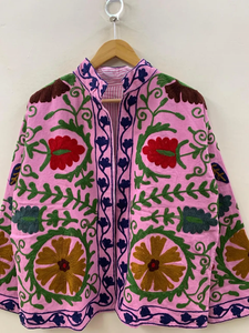 Floral Embroidered Pink <b>Velvet</b> Suzani <b>Jacket</b> Breathable Bomber Trendy Coat with Collar for Winter - Product Image 4