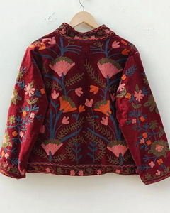 Veste en velours marron à fleurs brodées Suzani, manteau de festival folklorique ouzbek avec rembourrage en coton pour vêtements d'extérieur bomber duster - Product Image 2