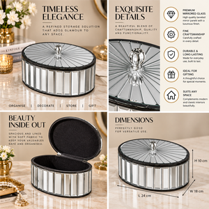 Silver <b>Mirror</b> Glass <b>Jewelry</b> Storage <b>Box</b> with Radial Pattern Crystal Knob Glossy Finish Soft Lining Decorative Keepsake Organizer - Product Image 6