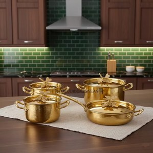 Nouvelles casseroles à induction martelées à la main en acier inoxydable plaqué or de haute qualité avec couvercles à poignées motif papillons - Product Image 6