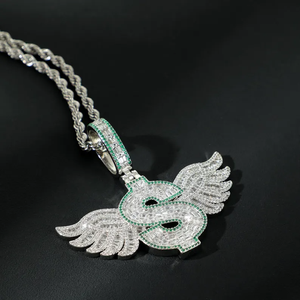 Unisex Hip Hop Dollar Sign Charm Necklace Wings Cubic Moissanite Claw Setting Rhodium Plated <b>Rope</b> <b>Chain</b> Custom Silver Jewelry - Product Image 4