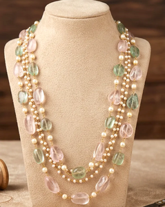 Luxury Handcrafted Rose Quartz <b>Green</b> Fluorite Cultured Pearl Multi-Row Layered Mala Necklace Pastel Crystal Beaded Jewelry - Product Image 5