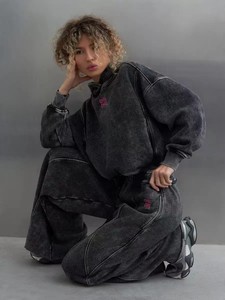 2025 New Style Heavy <b>Weight</b> Acid Wash Zip Up Hoodie Tracksuit <b>Set</b> - Product Image 2