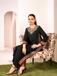 Beaded Embroidered Floor-Length Regular Fit Salwar Kameez Set <b>Black</b> <b>Pakistani</b> <b>Dress</b> Chanderi Fabric Neckline Sleeve Hem Detail - Product Image 6
