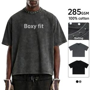 เสื้อผ้าผู้ชาย |   เสื้อยืดคอกลมทรงหลวมสไตล์อเมริกันวินเทจผ้าฝ้ายเนื้อนุ่มระบายอากาศดี ตกแต่งหมุด ไม่ต้องรีด ส่งแบบ DDP - Product Image 4
