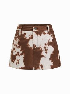 Jupe courte en cuir taille haute à fermeture boutonnée, style décontracté, motif tie-dye - Product Image 3