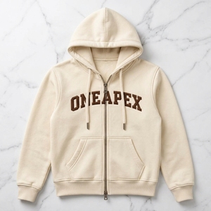 Sudadera con capucha cremosa personalizada con cremallera, color tostado, con logo bordado ONEAPEX, estilo oversize unisex, de forro polar premium, con cremallera completa, para streetwear. - Product Image 1