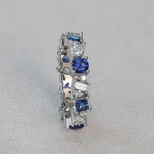 Sapphire & White Multi Shapes Cut Moissanite Gemstone Eternity Band <b>Ring</b> 925 Silver <b>Proposal</b> Gift For Engagement Party Charm - Product Image 3