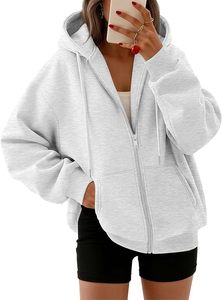 Women's Oversized <b>Grey</b> Full <b>Zip</b> <b>Up</b> <b>Hoodie</b> Soft Fleece Lined Long Sleeve Baggy Hooded Sweatshirt Jacket with Drawstring - Product Image 3