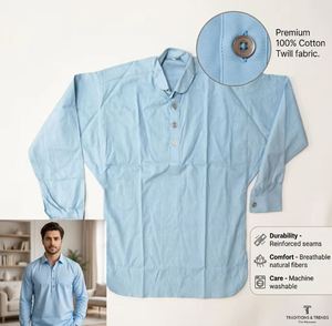Chemise Pathani décontractée pour homme bleu clair, manches longues, col rabattu, boutons sur le devant, respirante, écologique, en coton 180g - Product Image 6